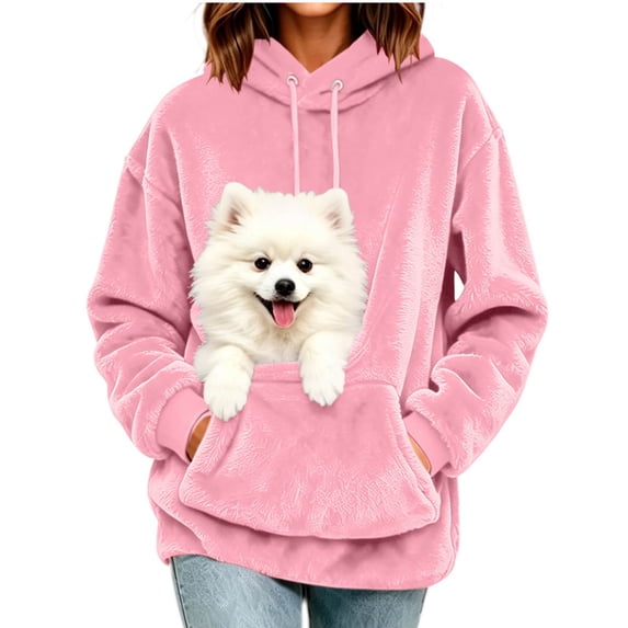 Qodauz Pet Pouch Hoodie for Women Warm Cozy Fuzzy Hooded Sweatshirt Pet Carrier Oversized Casual Pullover with Kangaroo Pockets XL