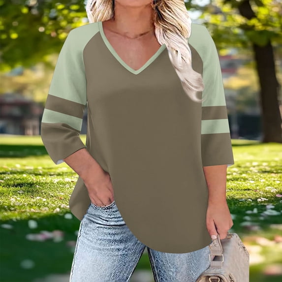 Qodauz Plus Size Baseball Tops for Women 3/4 Raglan Sleeve Tee Blouses Casual V Neck Stripes T-Shirts 4XL