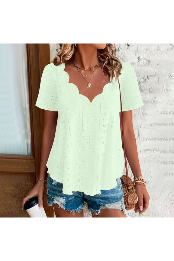 Plus Size Eyelet Tops for Women Scalloped V Neck Short Sleeve Shirts Cute Soft Casual Summer Tee Blouses Mint Green 3XL