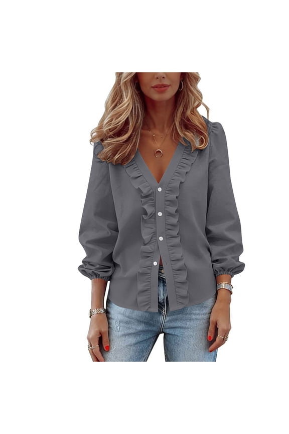 Plus Size Womens Button Down Ruffled Tops Dressy V Neck Long Sleeve Shirt Elegant Business Office Work Solid Blouses Gray 5XL