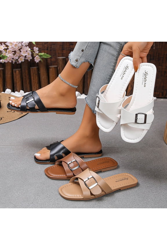 Sandals For Women 2026 Flats Comfortable Wide Width Cute Slides Womens Summer Casual Walking Beach PU Leather Shoes Khaki 6