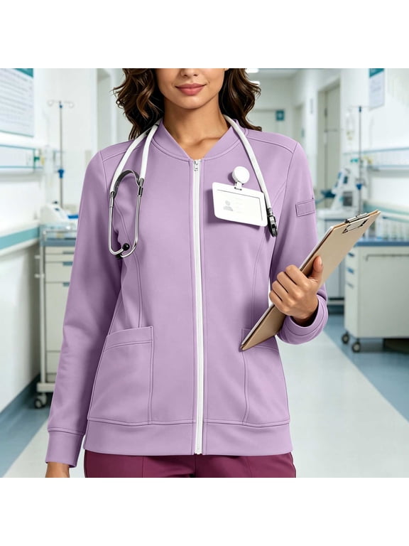 Scrub Sweatshirt Jackets for Women Zipper Bomber Jacket Medical Nurse Coats with Pockets L