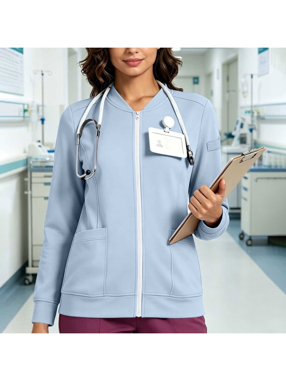 Scrub Sweatshirt Jackets for Women Zipper Bomber Jacket Medical Nurse Coats with Pockets XL