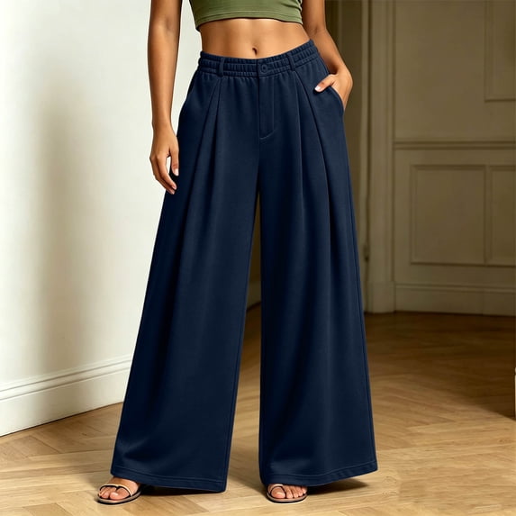 Qodauz Wide Leg Sweatpants Women Pleated Baggy Casual Pants Button Elastic Waisted Athletic Pant S-2XL