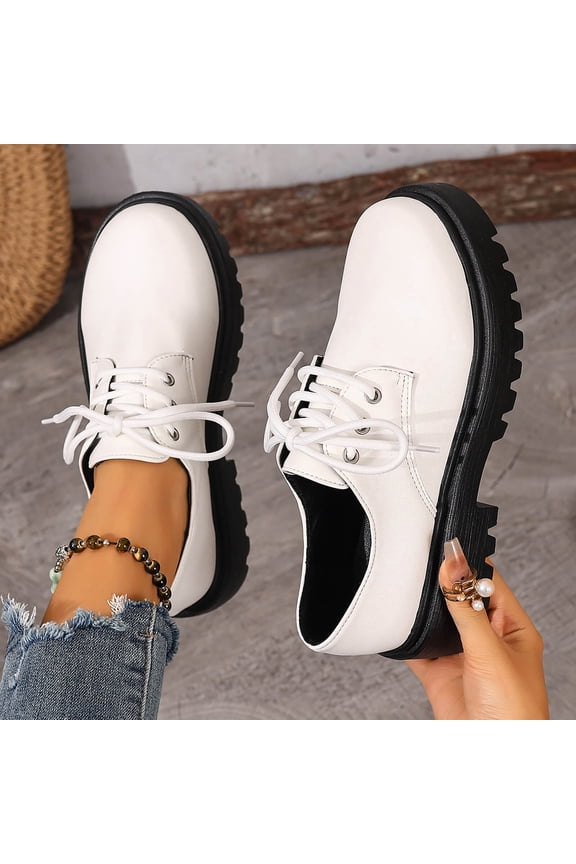 Women Fashionable Casual British Style Round-Toe Lace-Up Crackle Clog-Style Loafers White 38