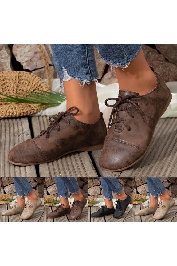 Women Vintage Flats Low Heel Lace up Slip on Casual Shoes Leather Round Toe Soft Sole Trendy Dressy Waterproof Breathable Walking Non Slip Office Daily Outdoor Shoes Brown 8.5