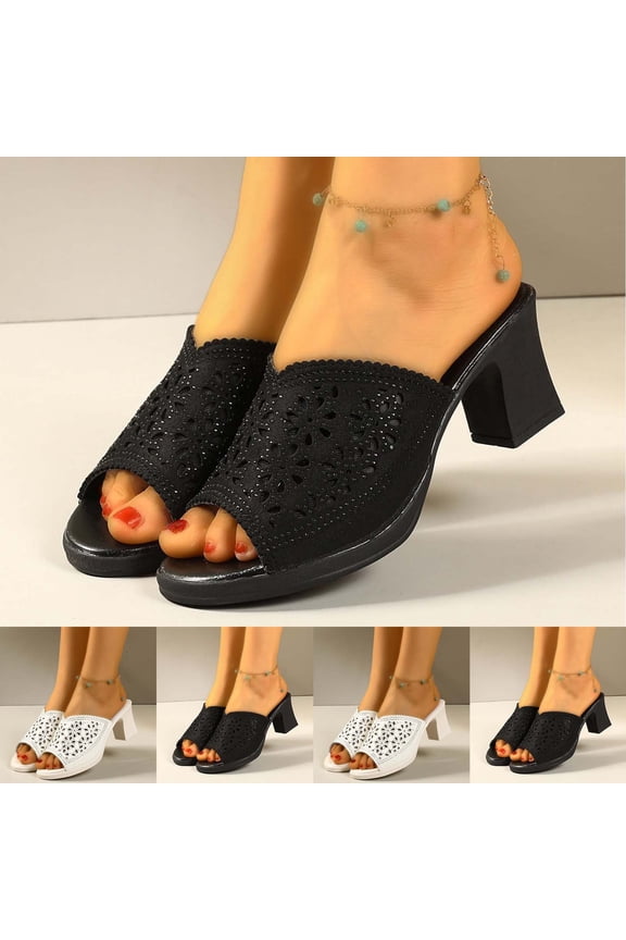 Women's Round Open Toe Knitted Chunky Heel Sandals Summer Hollow Breathable Comfortable Casual Dress Slip On Slides Shoes Black 6
