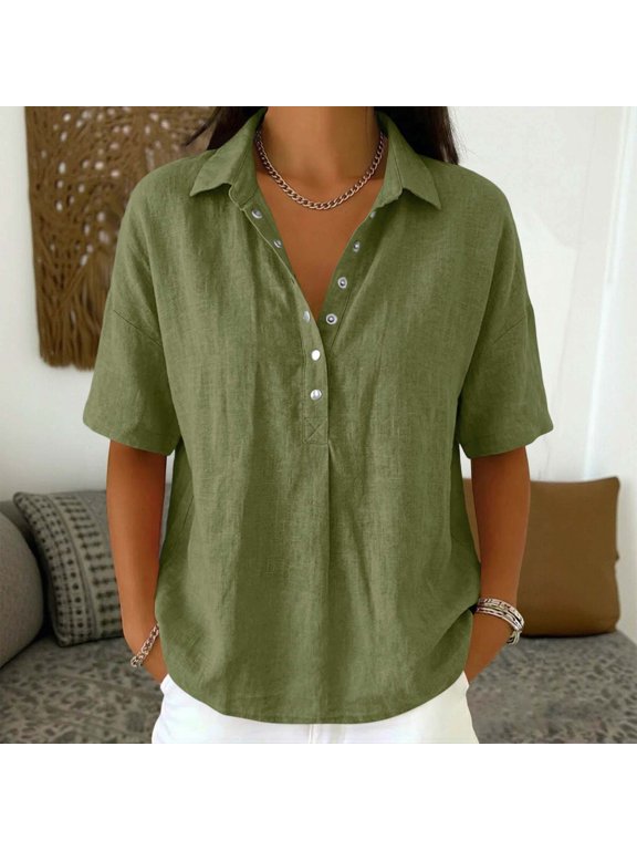 Women's Short Sleeve Summer Casual Rayon Linen Solid Lapel Button Snap V Neck Top