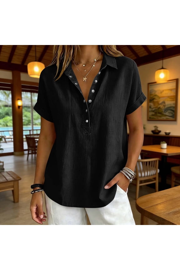 Women's Short Sleeve Summer Casual Rayon Linen Washed Crinkle Solid Lapel Button Snap V Neck Top