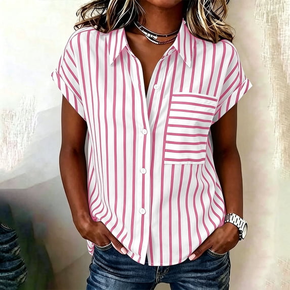 Qodauz Women's Short Sleeve Summer New Cross Border Fashion Stripe Shirt