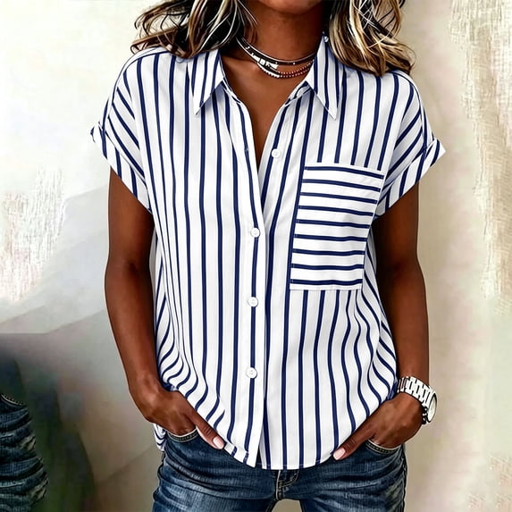 Qodauz Women's Short Sleeve Summer New Cross Border Fashion Stripe Shirt