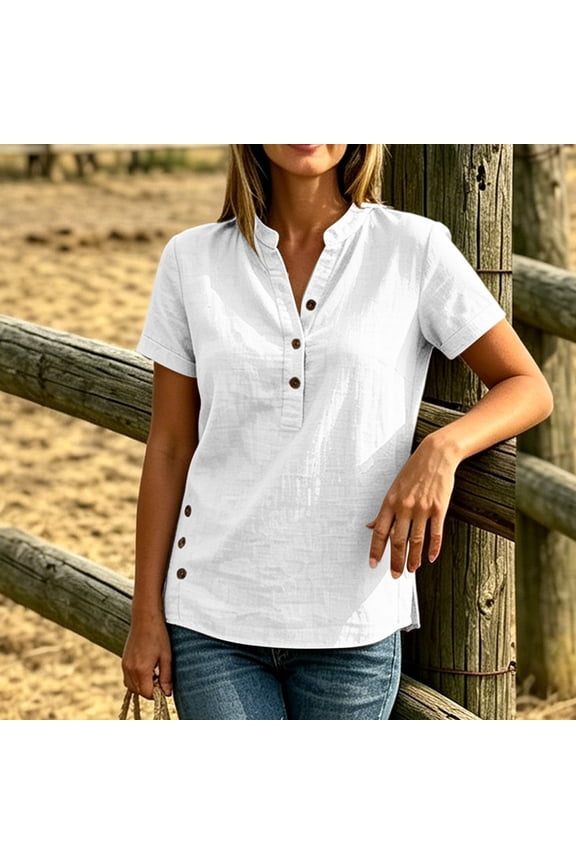 Women's Short Sleeve Summer V Neck Button Open Side Slit Decorative Button Top