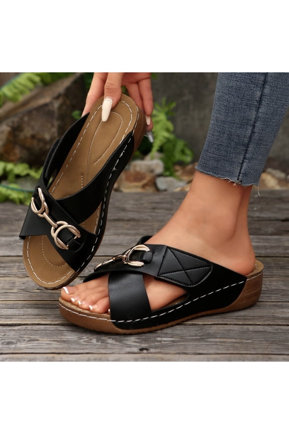 Women's Wedge Flip Flops Heart Metal Buckle Beach Peep Toe Casual Spring Summer Black 39