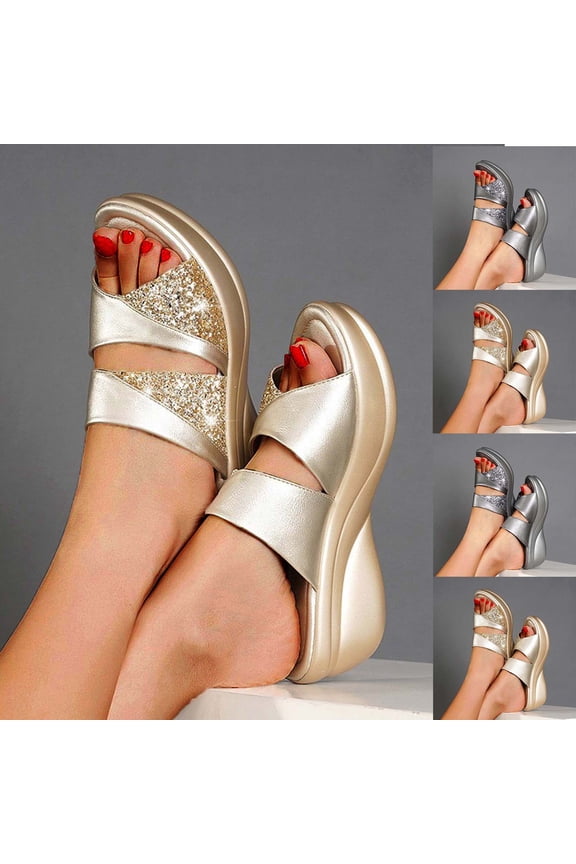 Womens Glitter Platform Wedge Slipper Summer Sequins Slides Sandals Gold 6