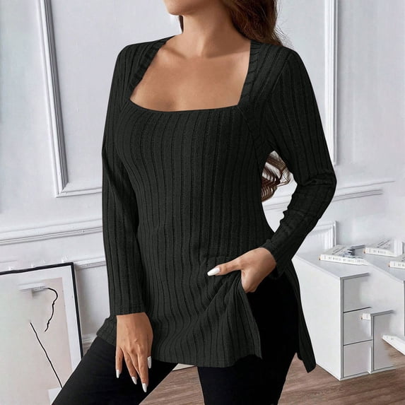 Qodauz Womens Long Sleeve Sweaters Plus Size Lightweight Knit Tops Casual Square Neck Side Slit Tunics 2XL