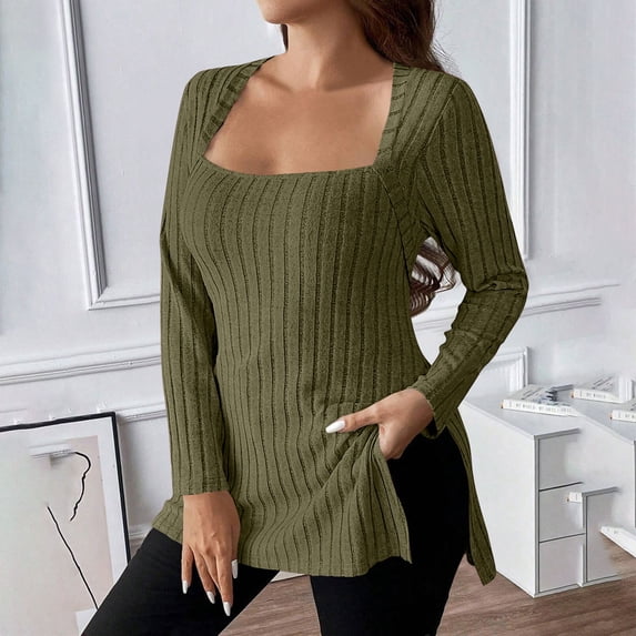 Qodauz Womens Long Sleeve Sweaters Plus Size Lightweight Knit Tops Casual Square Neck Side Slit Tunics 4XL