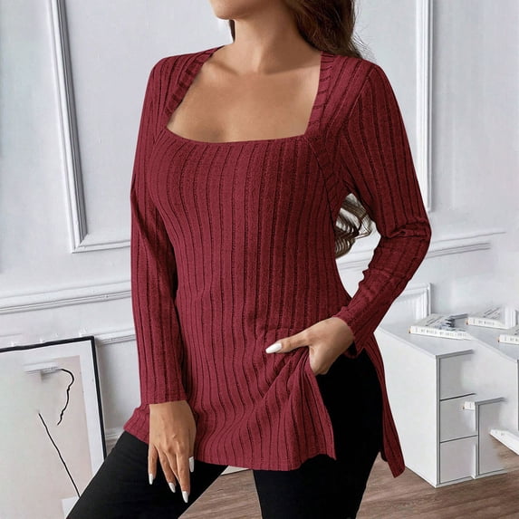Qodauz Womens Long Sleeve Sweaters Plus Size Lightweight Knit Tops Casual Square Neck Side Slit Tunics 4XL