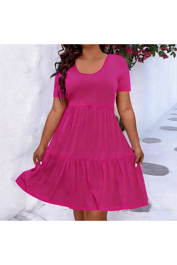 Womens Plus Size Casual Ruffle Dress Short Sleeve Layered Swing Midi T Shirt Dress with Pocket Watermelon Red 3XL