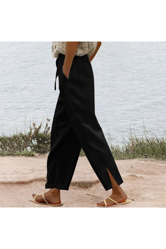 Womens Plus Size Gauze Pants Cotton Linen Elastic Waist Lounge Pant Wide Leg Side Slit Trouser Casual Summer