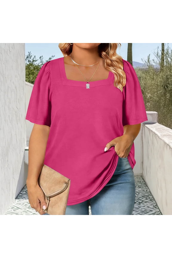 Womens Plus Size Short Sleeve T Shirts Square Neck Basic Tee Pullover Summer Casual Loose Tops Hot Pink 5XL