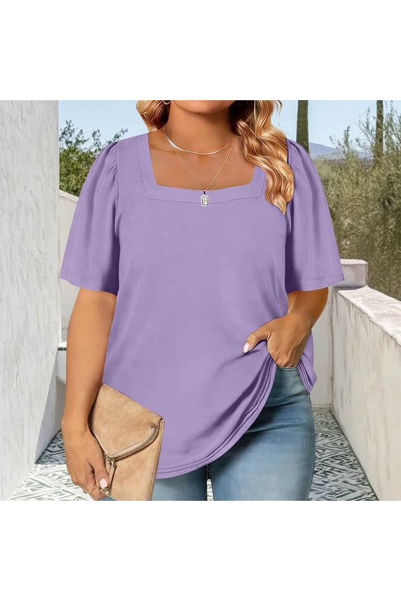 Womens Plus Size Short Sleeve T Shirts Square Neck Basic Tee Pullover Summer Casual Loose Tops Purple 5XL