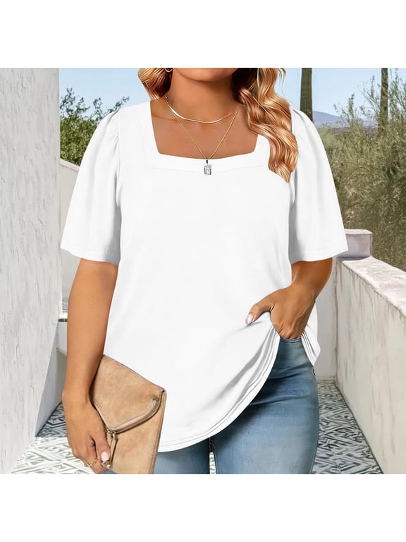 Womens Plus Size Short Sleeve T Shirts Square Neck Basic Tee Pullover Summer Casual Loose Tops White 4XL