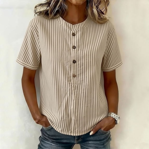 Qodauz Womens Plus Size Summer Tops Casual Short Sleeve Crew Neck Shirts Business Dressy Stripes Work Blouses 2XL