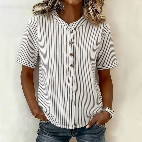 Qodauz Womens Plus Size Summer Tops Casual Short Sleeve Crew Neck Shirts Business Dressy Stripes Work Blouses 3XL