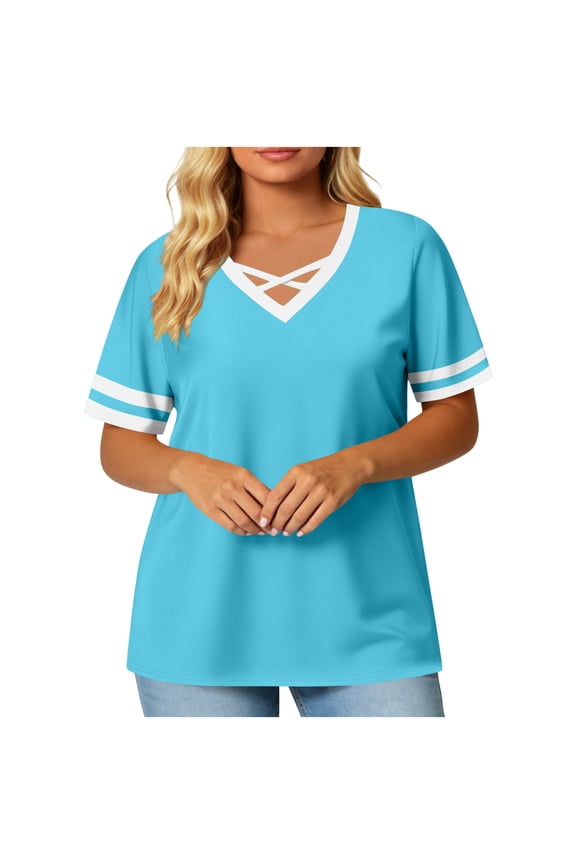 Womens Plus Size Tops Dressy Short Sleeve Color Block Blouse V Neck Criss Cross Shirt Soft Casual Basic Tee Sky Blue 4XL