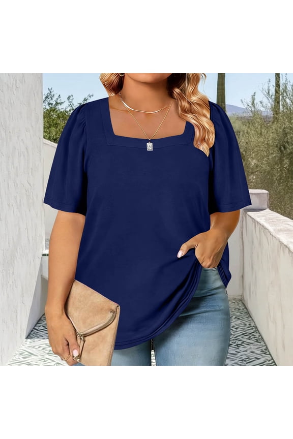 Womens Plus Size Tunic Tops Casual Loose Square Neck T Shirts Short Sleeve Summer Basic Tees Dark Blue 5XL