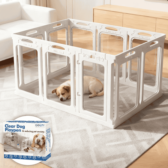 Qoility Clear Dog Playpen with Door - Height 30 Inch, 10 Panels - Reduces Indoor Puppy/Small Dog Anxiety, White