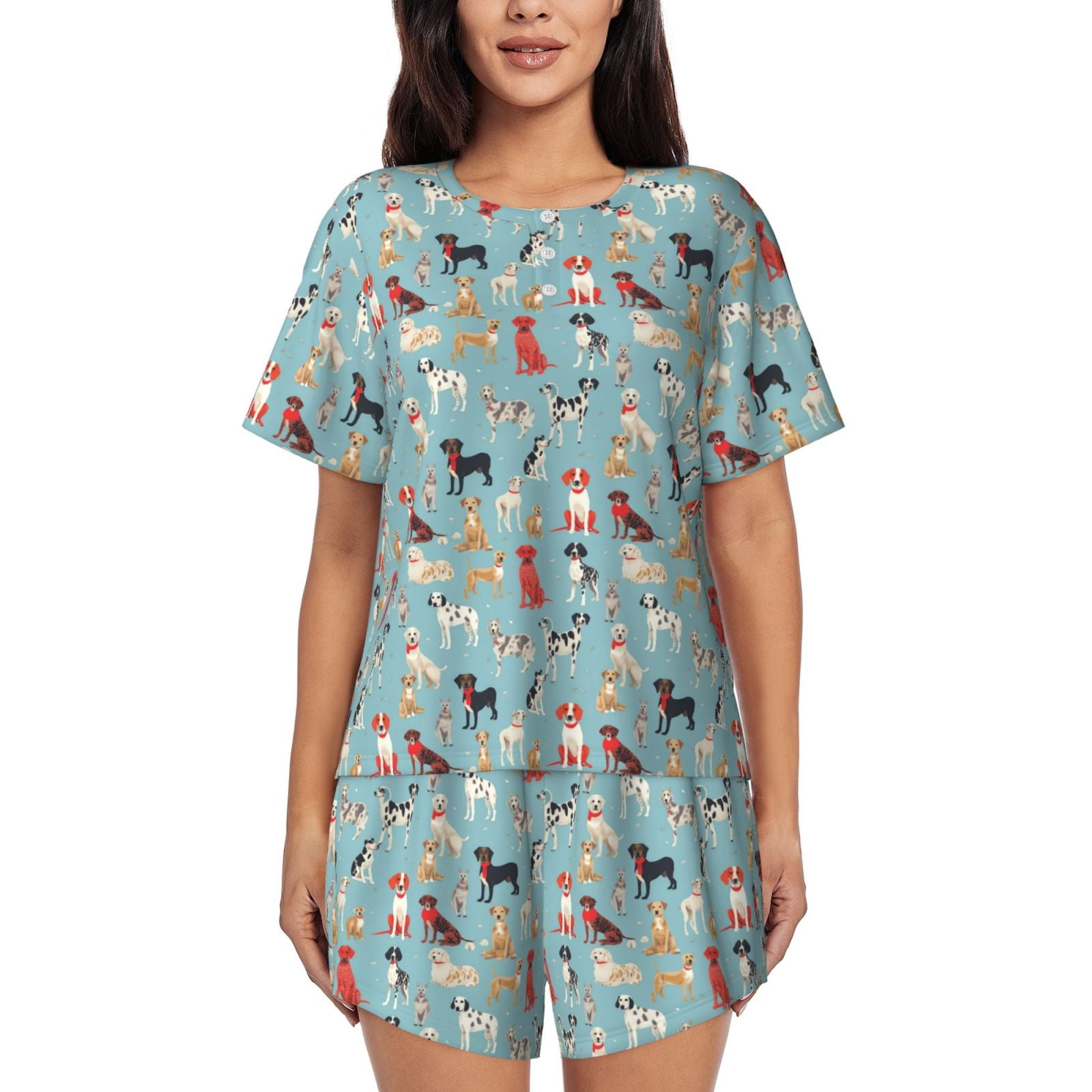 Qokaie Animal Dog Print Womens Pajama Sets 2 Piece Soft Short Sleeve ...