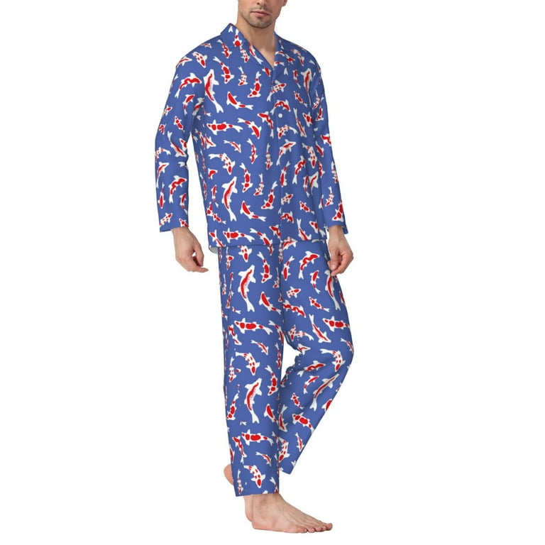 Qokaie Beautiful Koi Fish Print Mens Pajama Set 2 Piece Soft Long Sleeve Pajamas Long Pants with Pockets Warm Button up Sleepwear Lounge Pjs Walmart