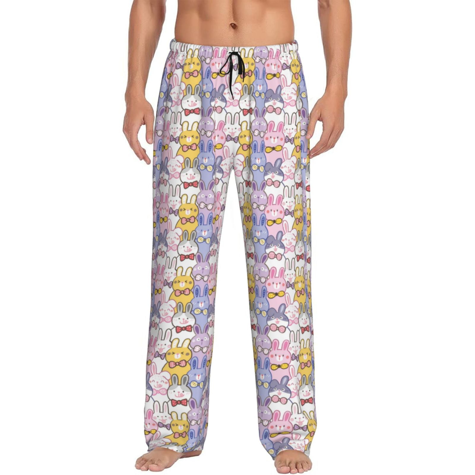 Qokaie Cartoon Colorful Rabbit Drawing Silky Soft Men Pajama Pants