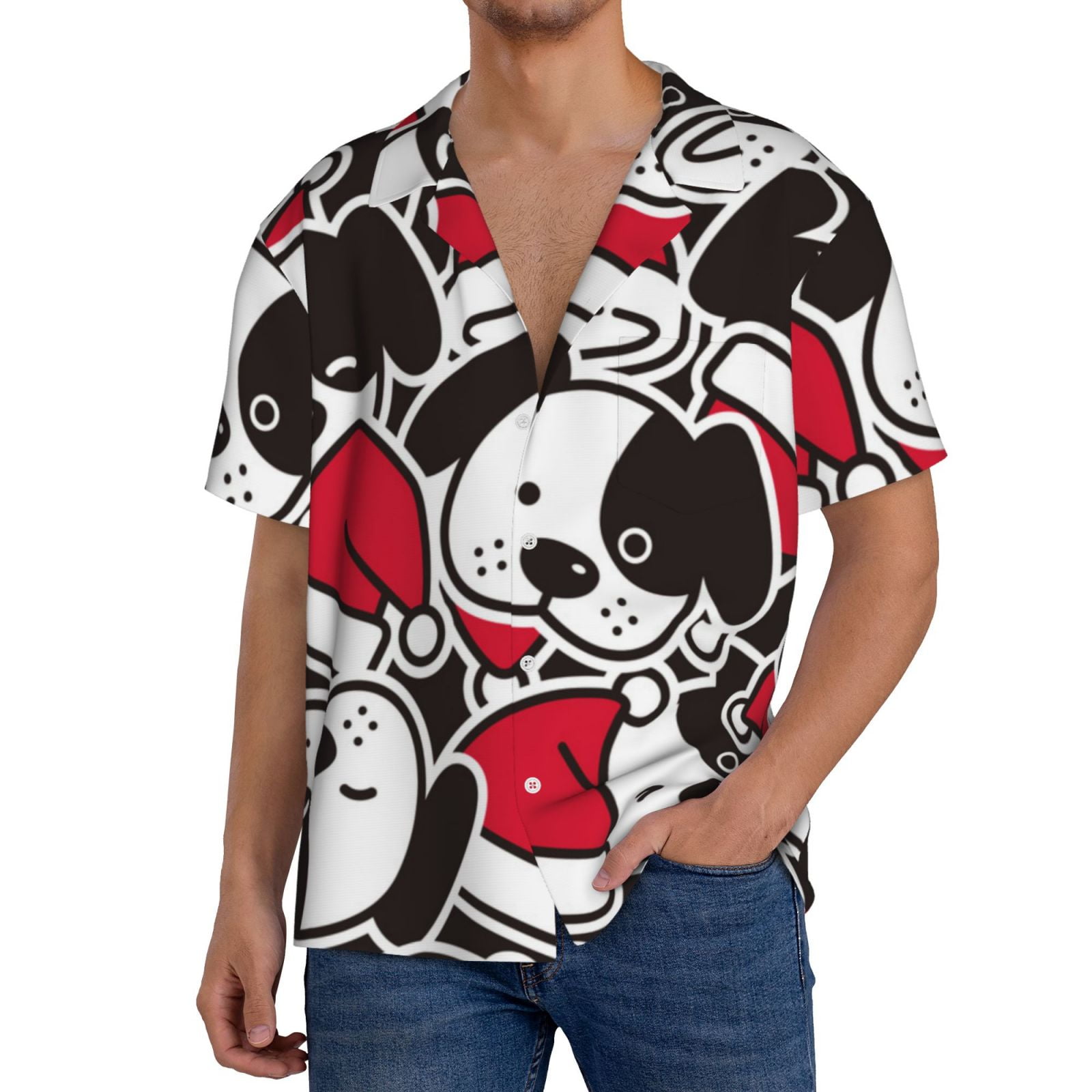 Qokaie Cute Dog Print Mens Casual Wrinkle Free Shirts Short Sleeve