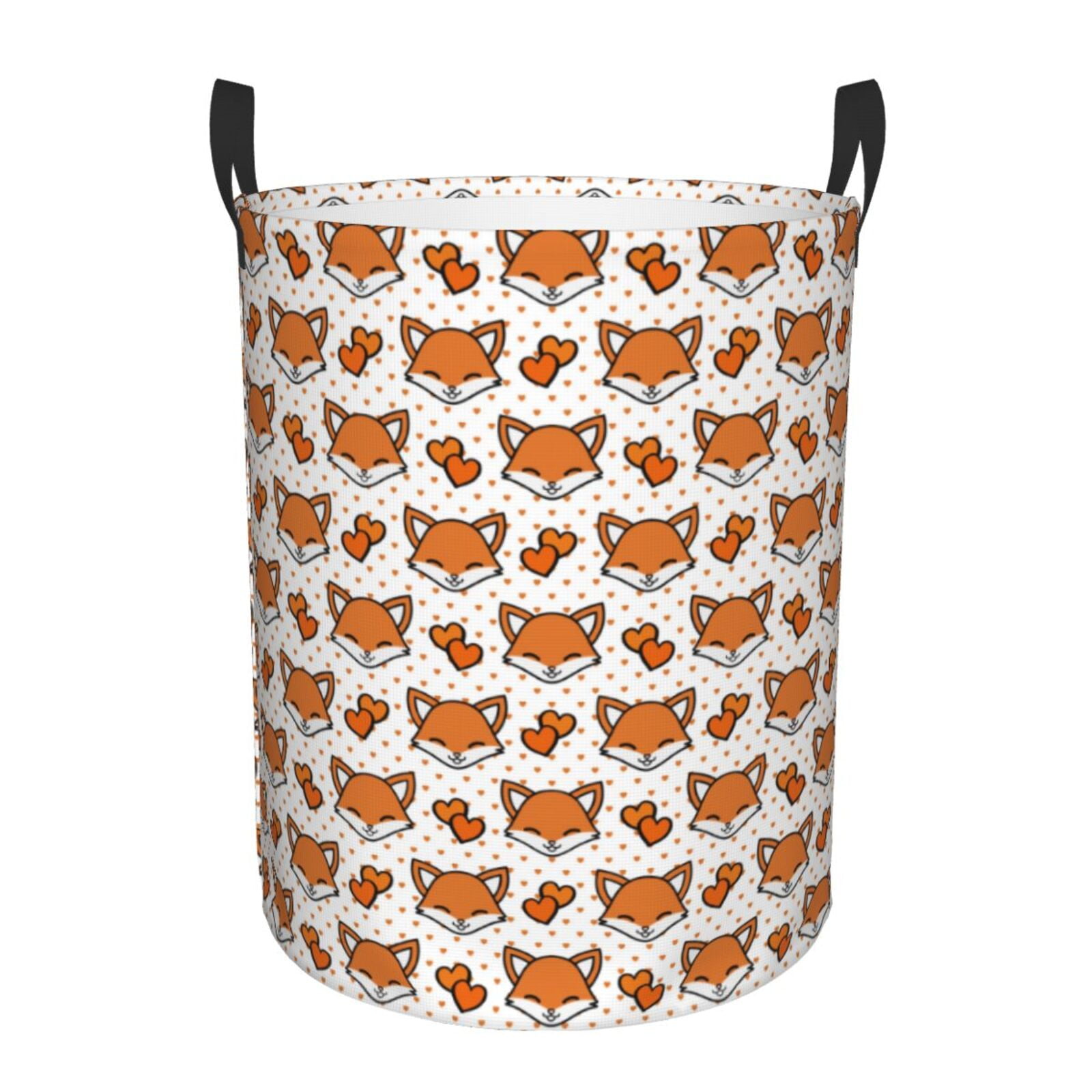 Qokaie Cute Heart Fox Cartoon Print Round Large Laundry Hamper, Tall