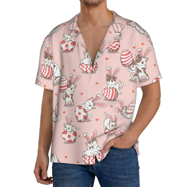 Qokaie Easter Rabbit Print Mens Casual Wrinkle Free Shirts Short Sleeve