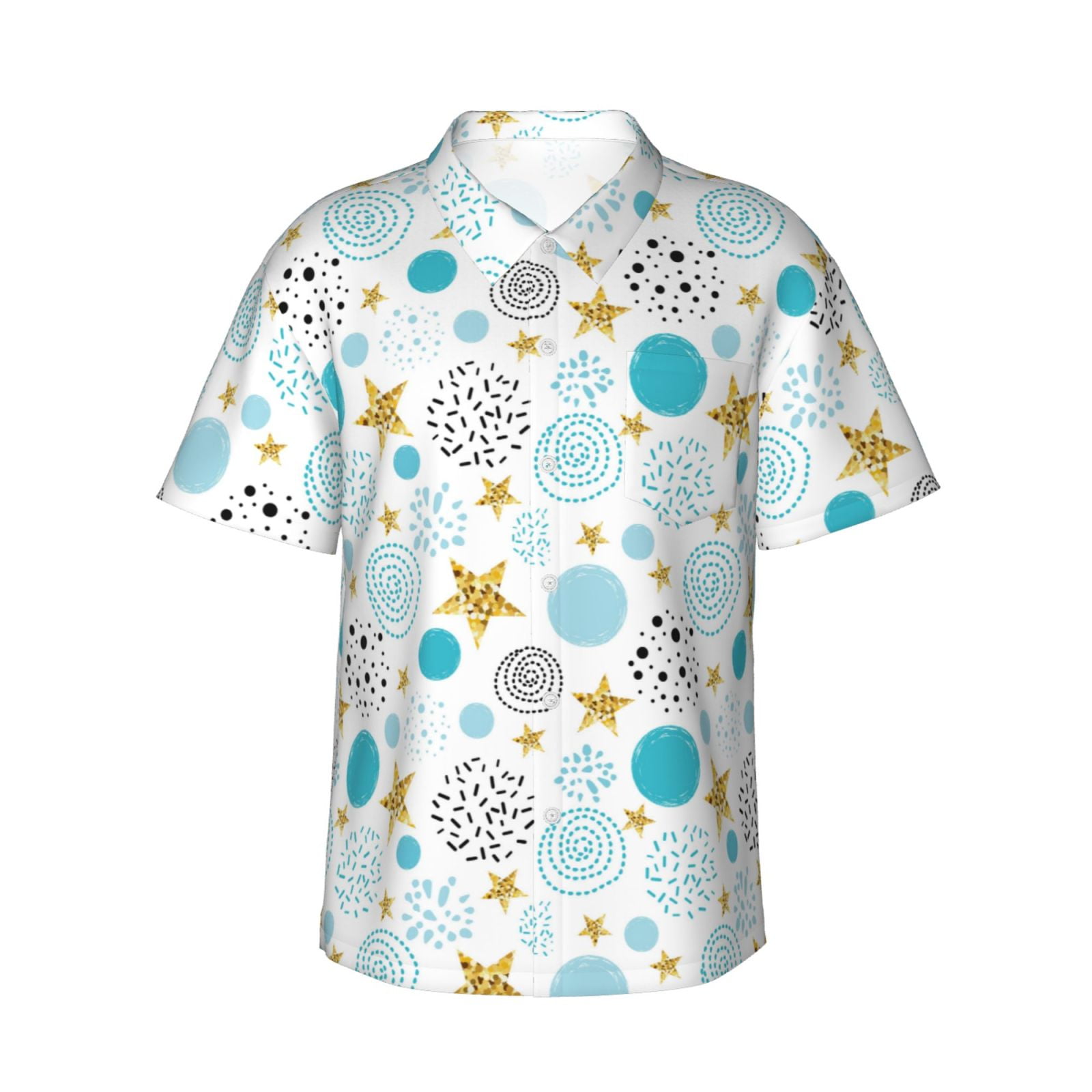 Qokaie Gold Stars Blue Dots Pattern Print Men’s Hawaiian Shirt ...