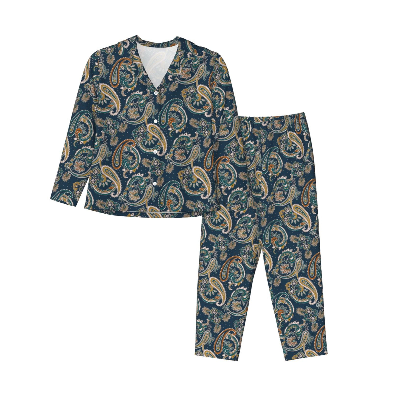 Qokaie Indian Paisley 2 Print Womens Pajama Set, 2 Piece Soft Long