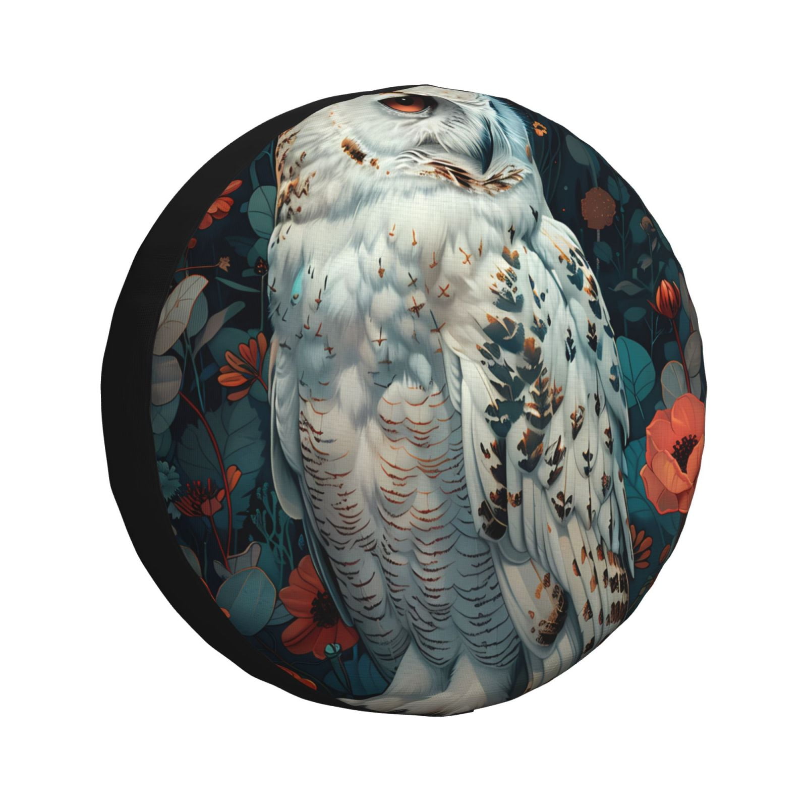 Qokaie Moon Flower White Owl Pattern Tire Cover, Waterproof Leather