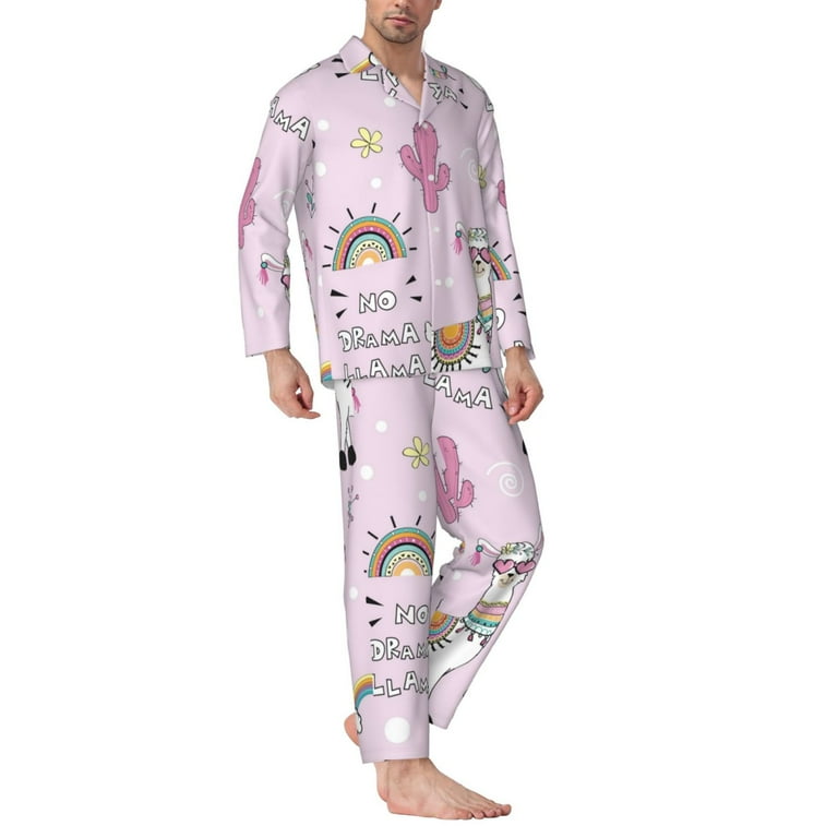 Qokaie No Drama Llama Print Mens Pajama Set 2 Piece Soft Long Sleeve Pajamas Long Pants with Pockets Warm Button up Sleepwear Lounge Pjs Walmart