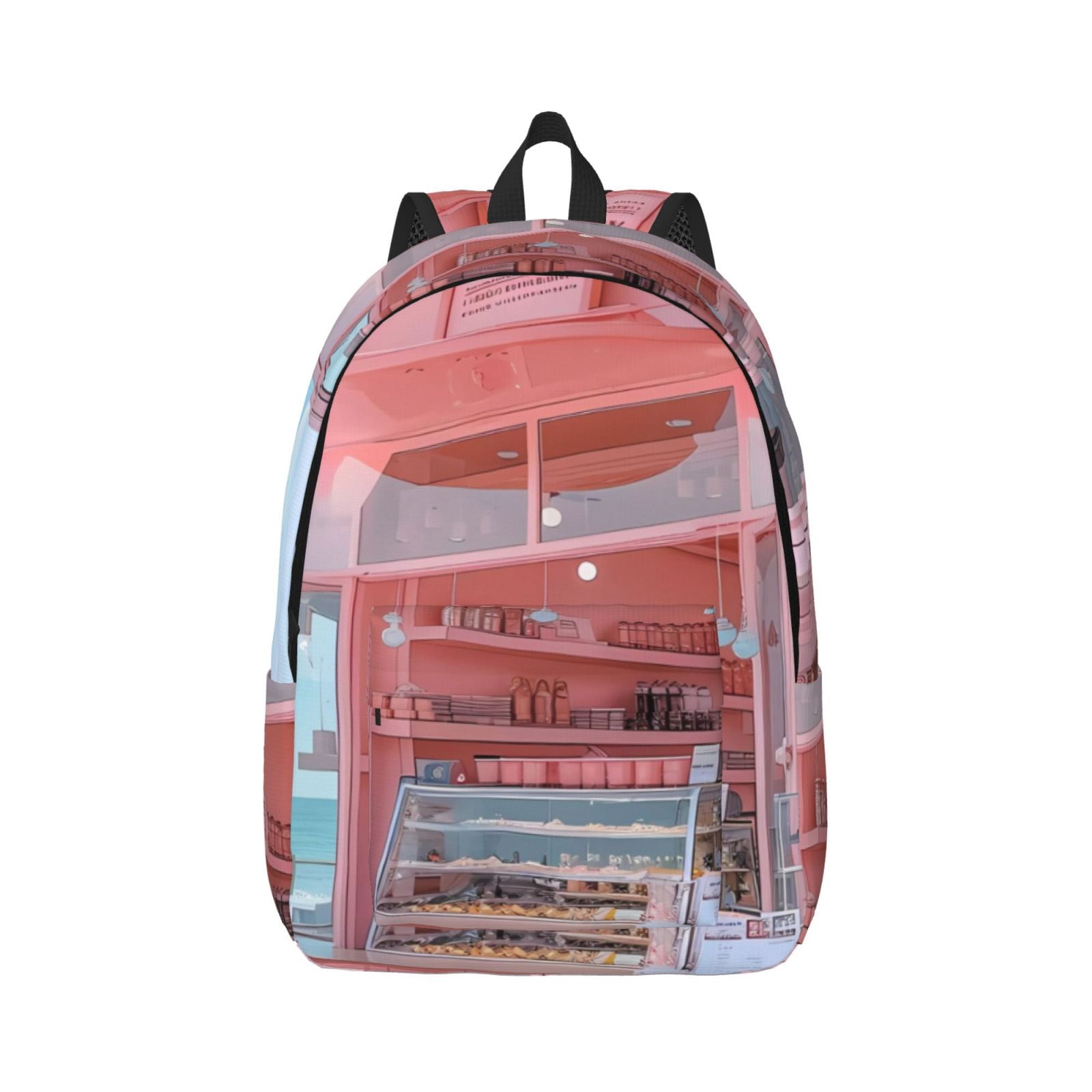 Asthetic Ricksack Qokaie Pastel Pink Beach Cafe Pattern Canvas Backpack Travel Daypack ...