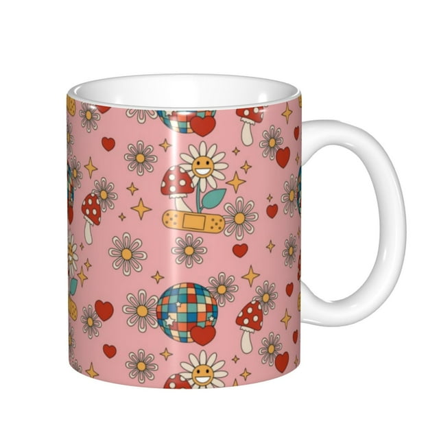 Qokaie Retro 70s 60s Hippie Flower Pattern Premium Ceramic Coffee Mugs with Handle for Men Women - Durable, Stylish, and Ergonomic Cup - Perfect for Home, Office, and Cafés
