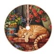 Qokaie Sleeping Cat Flowers Pattern Christmas Tree Skirt with Ties and