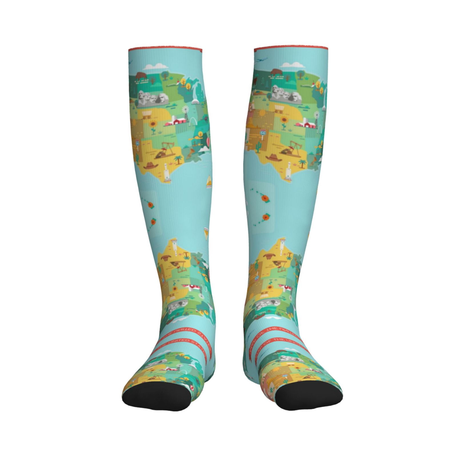 Map Socks Qokaie USA Tourist Map Drawing Sports Compression Socks - Comfortable ...