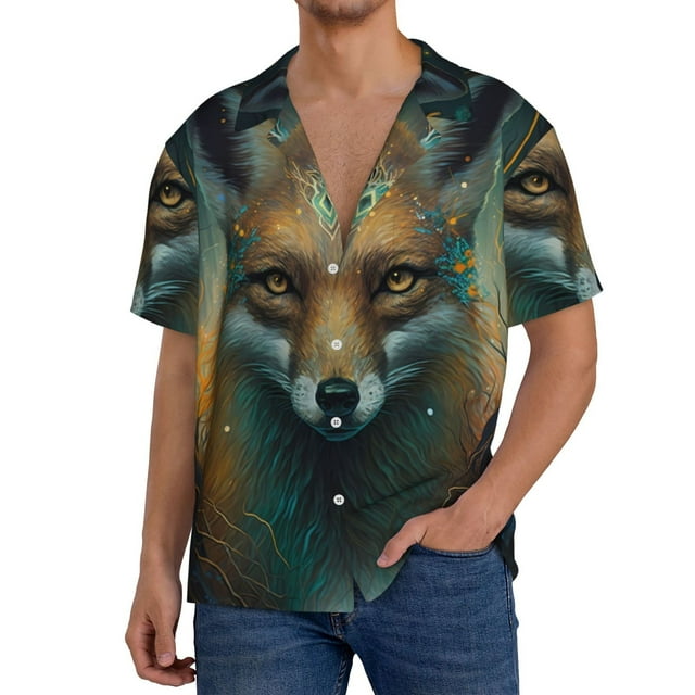 Qokaie Vintage Pattern Fox Print Mens Casual Wrinkle Free Shirts Short