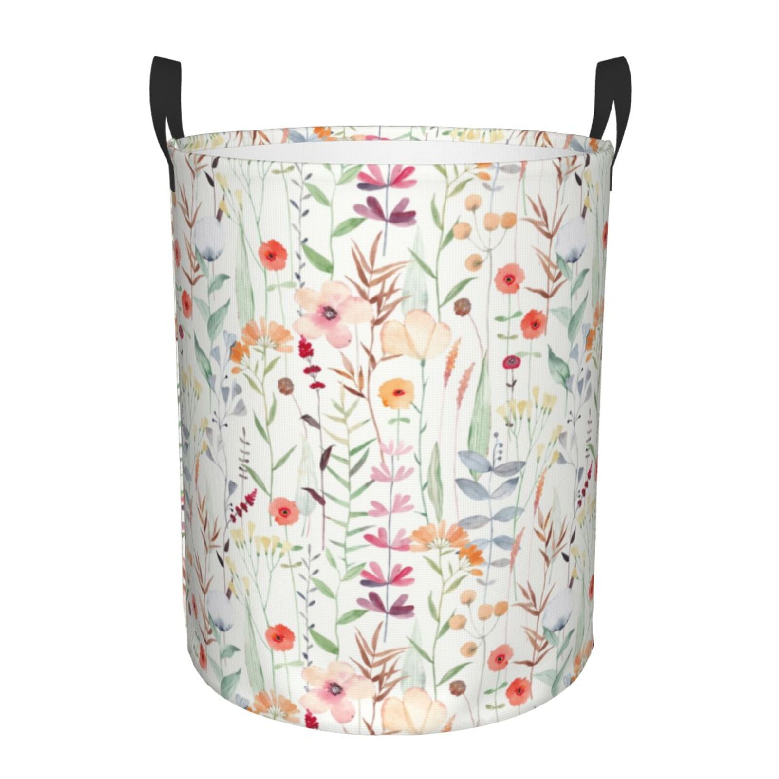 Qokaie Wildflower Watercolor 4 Print Round Large Laundry Hamper, Tall