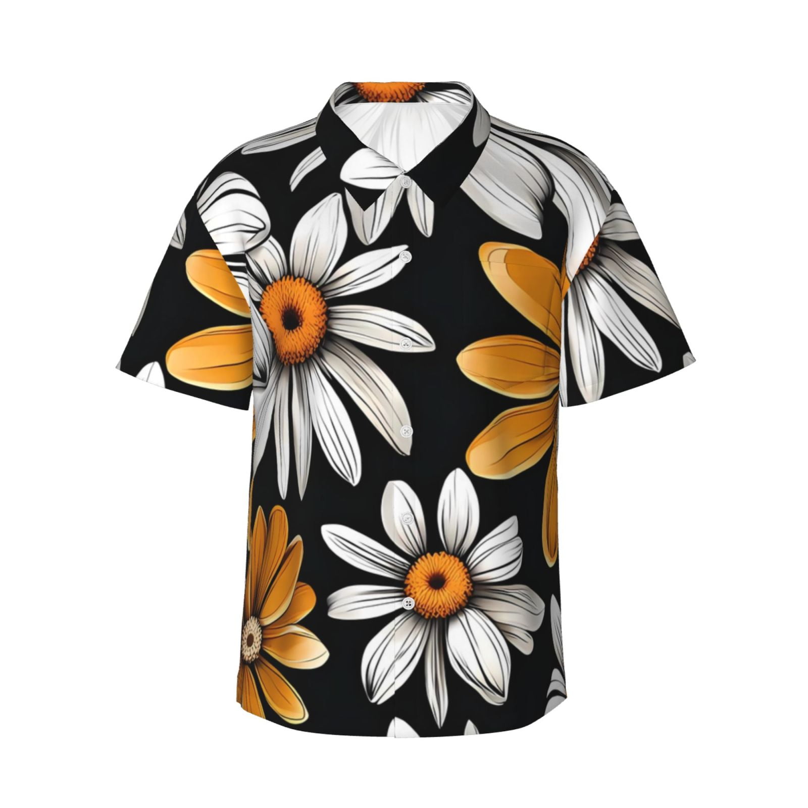 Qokaie Yellow White Daisy Pattern Print Men’s Hawaiian Shirt – Tropical ...