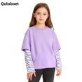 thumbnail image 1 of Qoloboet Striped Pullover Tops for Girls Spring Fall Casual Long Sleeve Round Neck Patchwork Shirts 3-14 Years, 1 of 5