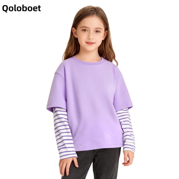 Qoloboet Striped Pullover Tops for Girls Spring Fall Casual Long Sleeve Round Neck Patchwork Shirts 3-14 Years